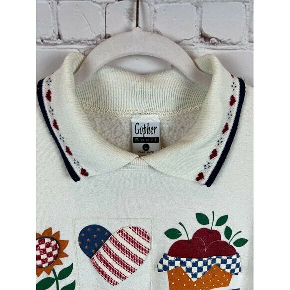 GOPHER vintage white collared knit pullover sweater top hearts floral size L - Picture 3 of 9